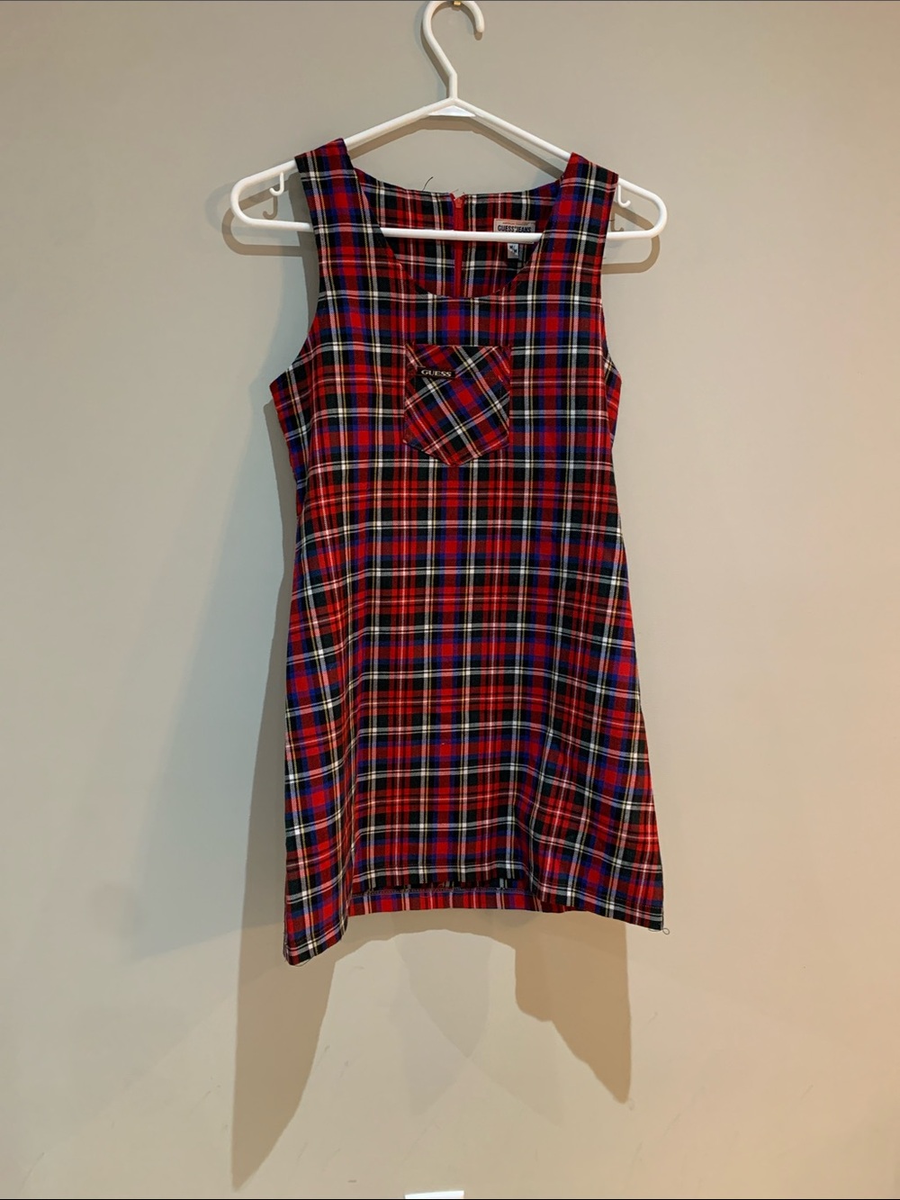 VINTAGE Guess Red and Blue Plaid Sleeveless Dress with Chest Pocket